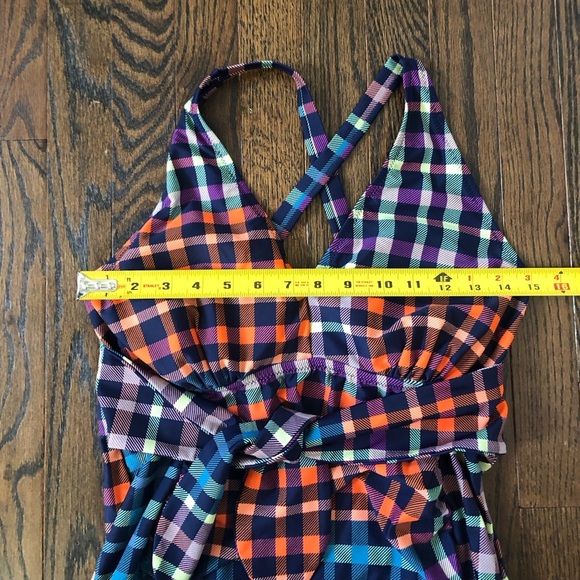 Motherhood Maternity M Checkered Orange/Blue One Piece w/Cross Straps & Bow NWOT - Picture 6 of 12